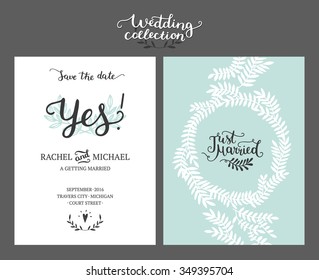 Save the date card, wedding invitation with hand drawn lettering and branches. Vector wedding template