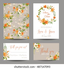 Save the Date Card - Wedding Invitation Set - Autumn Lily Floral Theme - in Vector