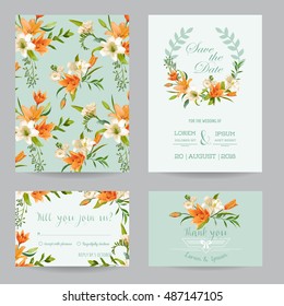 Save the Date Card - Wedding Invitation Set - Autumn Lily Floral Theme - in Vector