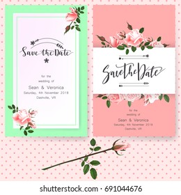 Save the date card, wedding invitation, greeting card with beautiful roses flowers and letters "Save The Date"