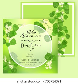Save the date card, wedding invitation, greeting card with beautiful flowers, green leaves of linden and letters"Save The Date"