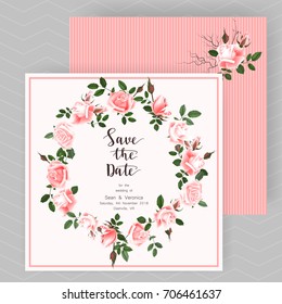 Save the date card, wedding invitation, greeting card with beautiful roses flowers and letters "Save The Date"