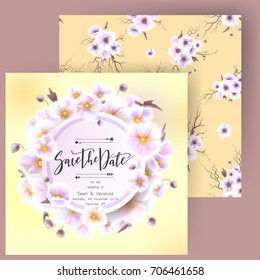 Save the date card, wedding invitation, greeting card with beautiful flowers and letters "Save The Date"