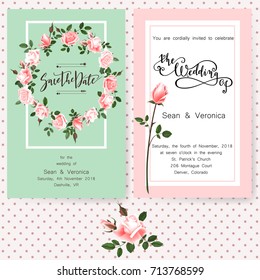 Save the date card, wedding invitation, greeting card with beautiful flowers roses and letters "Save The Date", "The Wedding of". Vector EPS10