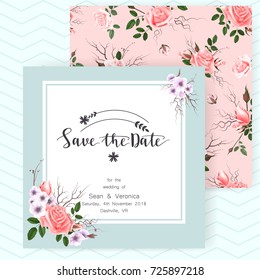 Save the date card, wedding invitation, greeting card with beautiful roses flowers and letters "Save The Date".