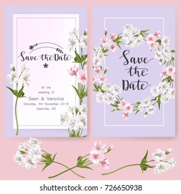 Guarde la tarjeta de fecha, invitación a la boda, tarjeta de saludo con hermosas flores y letras "Save The Date"