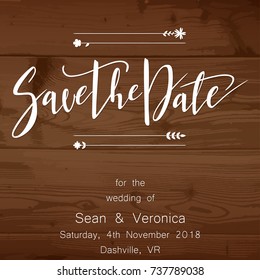 Save the date card, wedding invitation on a wooden background and letters "Save The Date"