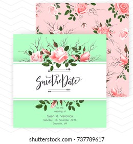 Save the date card, wedding invitation, greeting card with beautiful roses flowers and letters "Save The Date"