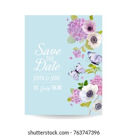 Save the Date Card Wedding Invitation Template. Botanical Card with Hydrangea Flowers and Butterflies. Greeting Floral Postcard. Vector illustration