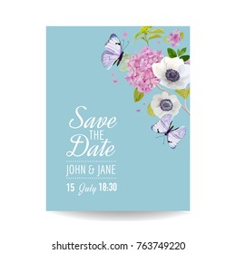 Save the Date Card Wedding Invitation Template. Botanical Card with Hydrangea Flowers and Butterflies. Greeting Floral Postcard. Vector illustration