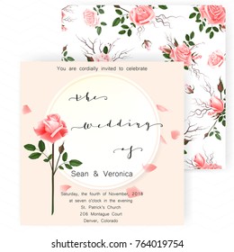Save the date card, wedding invitation, greeting card with beautiful roses flowers and letters "The wedding of"