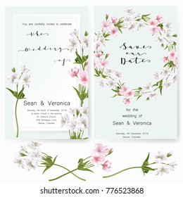 Save the date card, wedding invitation, greeting card with beautiful flowers and letters "Save The Date", "The Wedding of". Vector EPS10