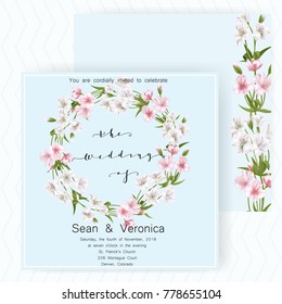 Save the date card, wedding invitation, greeting card with beautiful flowers and letters "The Wedding of". Vector EPS10