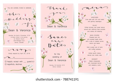 Save the date card, wedding invitation, greeting card with beautiful flowers and letters