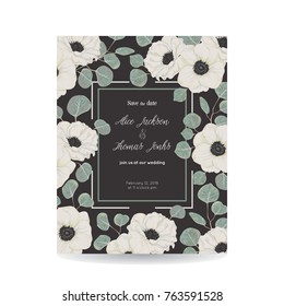 Save the date card with white anemone flowers and silver dollar eucalyptus. Holiday floral design for wedding invitation. Vintage hand drawn vector illustration in watercolor style