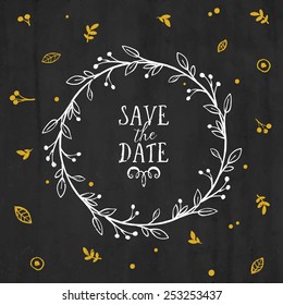 Save the Date card with wreath, lettering and other decorative elements. Vector hand drawn illustration.