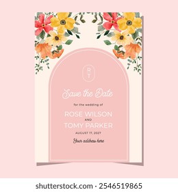 save the date card yellow orange pink floral watercolor frame