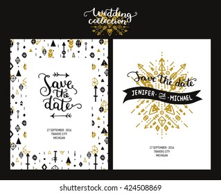  Save the date cards, boho wedding invitation with hand drawn text, feathers, arrows and tribal elements. Gold and black. Vector templates