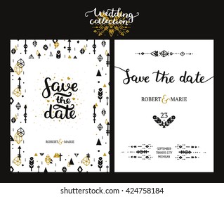 Save the date cards, boho wedding invitation with hand drawn text, feathers, arrows and tribal elements. Gold and black Vector templates