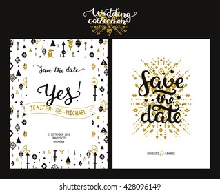 Save the date cards, boho wedding invitation with hand drawn text, feathers, arrows and hipster elements. 