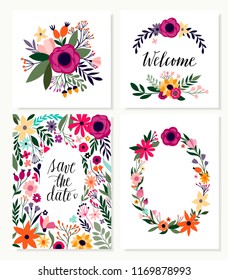 Save the date cards collection with floral design and hand lettering