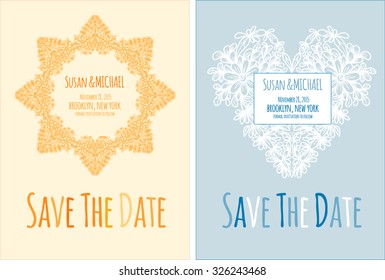 Save the date cards with floral frame and stylized heart. Vector illustration.