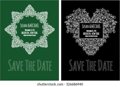 Save the date cards with floral frame and heart. Vector illustration.