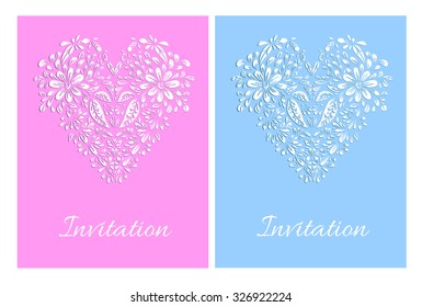 Save the date cards with floral frame and stylized heart. Vector illustration.