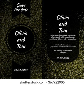 Save the date cards with the golden dust on the black background. Front and back side. Stock vector.