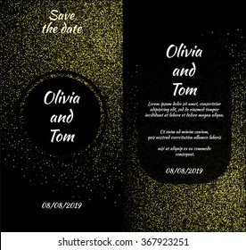 Save the date cards with the golden dust on the black background. Front and back side. Stock vector.