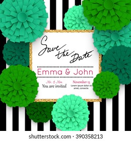 Save the date cards with paper flowers and gold frame. Vector eps 10 format.