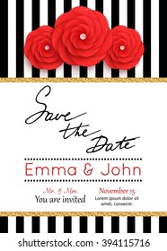 Save the date cards with paper flowers and gold frame.Vector eps 10 format.
