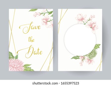 Save the date. Cards / templates with pink flowers and golden lines