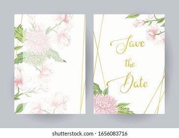 Guarde la fecha. Tarjetas / plantillas con flores rosas y líneas doradas
