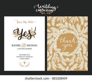 Save the date cards, wedding invitation with hand drawn lettering, heart and branches. Gold and black background. Vector Save the date templates