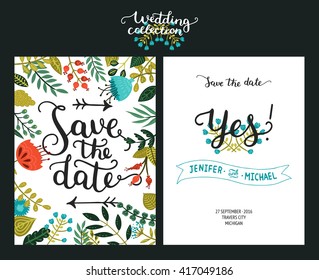 Save the date cards, wedding invitation with hand drawn lettering, flowers and branches.  Vector templates