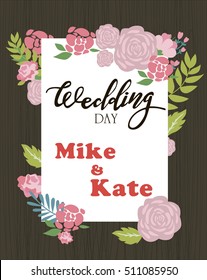 Save the date cards, wedding invitation with hand drawn lettering, flowers and branches. Vector illustration