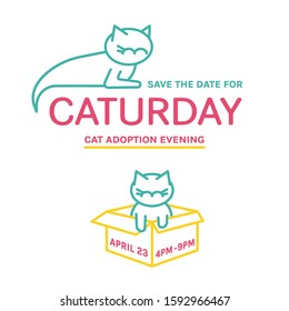 Save the date for Caturday. Cat adoption event invitation card. Help animals concept. Editable vector illustration isolated on a white background. Poster, leaflet, advertising template.