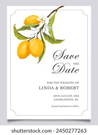 Guardar la fecha Plantilla Invitación limón cítrico. Invitación de Boda de limón. Tarjeta de Boda editable, imprimible, invitación Mediterranean Lemon. Plantilla de boda italiana. Ilustración vectorial.