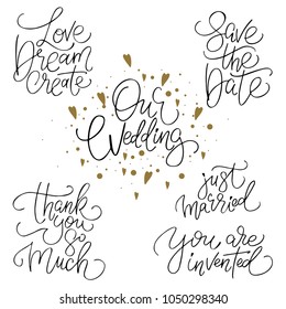 
Save the date collection with hand drawn lettering, ampersands and catchwords. Vector set for design wedding invitations, photo overlays and cards
