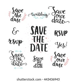 Save the date collection with hand drawn lettering, ampersands and catchwords. Vector set for design wedding invitations, photo overlays and save the date cards