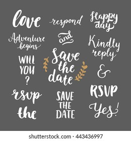 Save the date collection with hand drawn lettering, ampersands and catchwords. Vector set for design wedding invitations, photo overlays and save the date cards