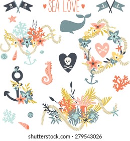 Save the date collection. Summer ocean flowers bouquets and wreath set. Nautical sea wedding elements. Wedding, marriage, bridal shower, birthday, Valentine's day. Vector illustration.