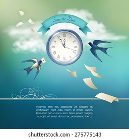 Save the Date concept design vector background. Free flying bird swallow in the sky, white clouds, antique clock, flying paper sheets, ribbon banner, abstract decoration 