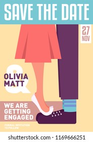 Save the Date Concept Engagement Invitation Design Template. Abstract Modern Card Design. Vector Illustration of a couple kissing. Girl on Guy's feet kissing.