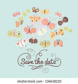 Save the date concept illustration. Cartoon butterflies on blue. Cute stylish wedding invitation.