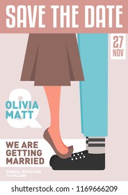 Save the Date Concept Wedding Invitation Design Template. Abstract Modern Card Design. Vector Illustration of a couple kissing. Girl on Guy's feet kissing.