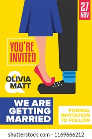 Save the Date Concept Wedding Invitation Design Template. Abstract Modern Card Design. Vector Illustration of a couple kissing. Girl on Guy's feet kissing.