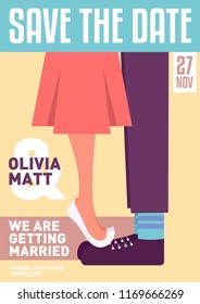 Save the Date Concept Wedding Invitation Design Template. Abstract Modern Card Design. Vector Illustration of a couple kissing. Girl on Guy's feet kissing.