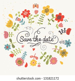 Save the date. Cute floral bright wedding invitation in vector. Vintage concept wedding card